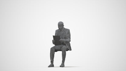 scanned 3D senior man business sitting, photogrammetry people for Enscape and V-Ray, wireframe back view