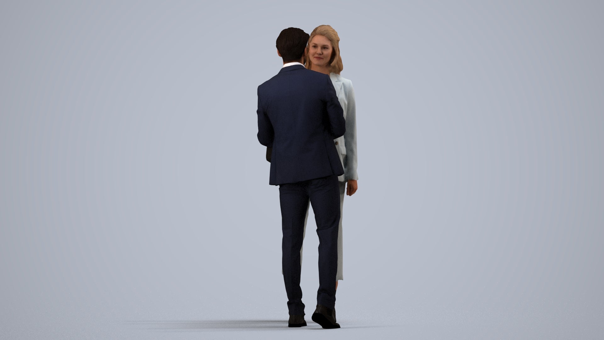 3D human model woman business, photogrammetry scanned person for archviz, side view render
