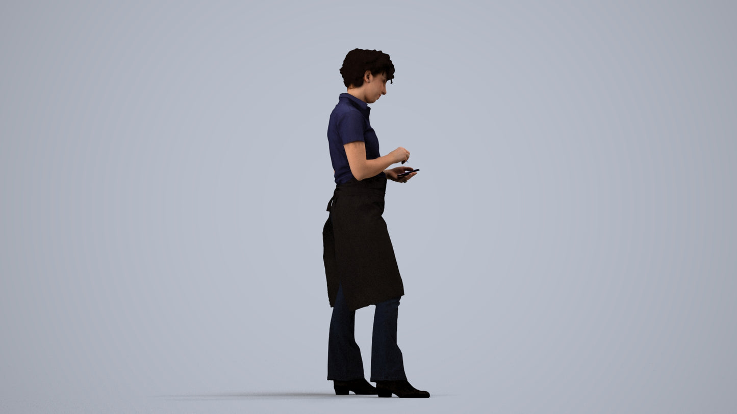 3D scanned woman hospitality, photorealistic archviz people for Enscape and SketchUp, side view render