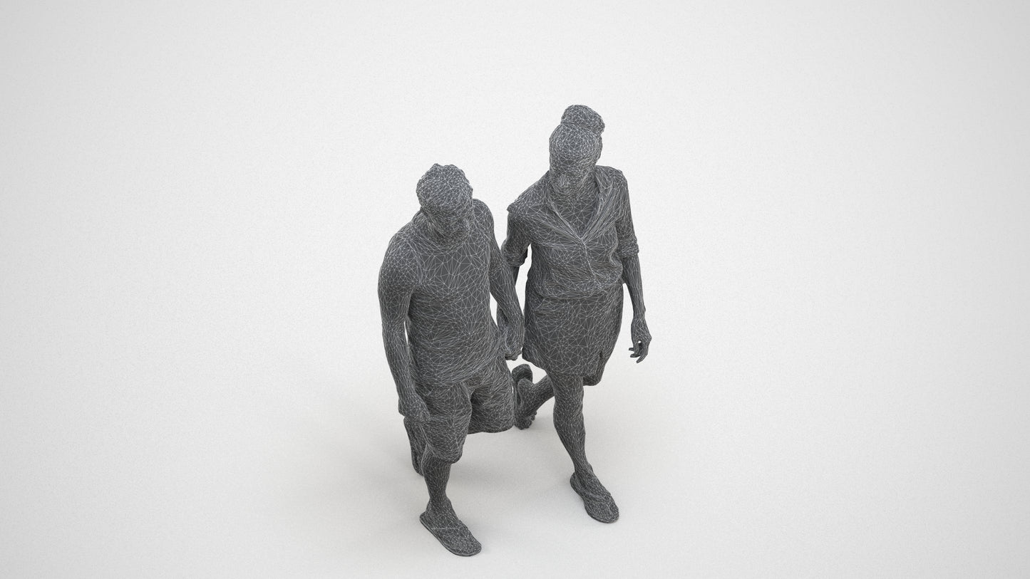 scanned 3D woman casual couple, photogrammetry people for Enscape and V-Ray, wireframe three-quarter view