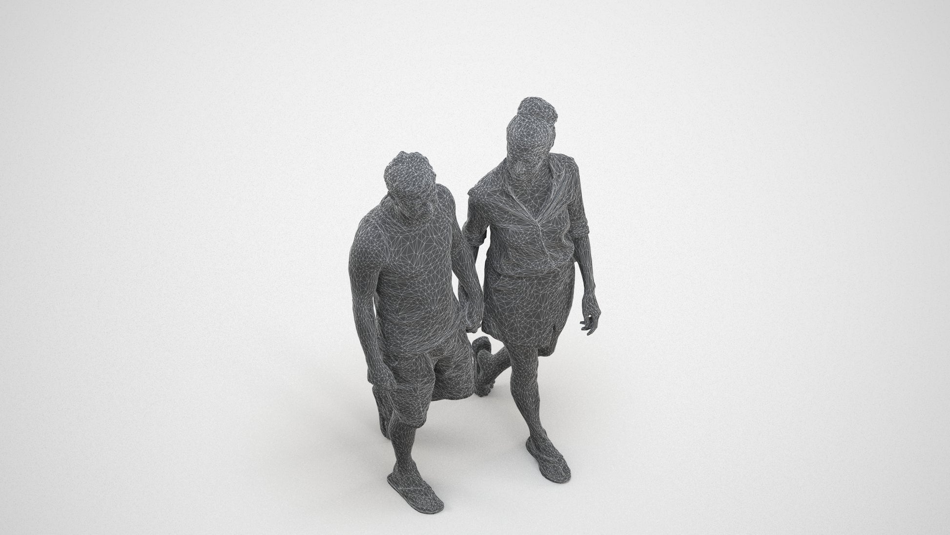 scanned 3D woman casual couple, photogrammetry people for Enscape and V-Ray, wireframe three-quarter view
