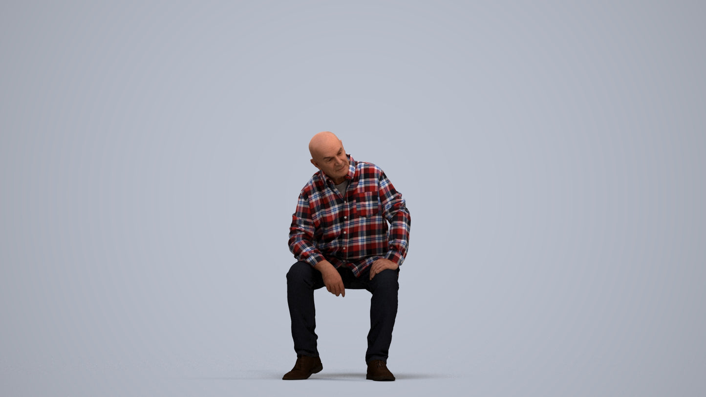 realistic 3D people senior man casual sitting, render-ready for V-Ray and Corona, FBX OBJ, standing pose render