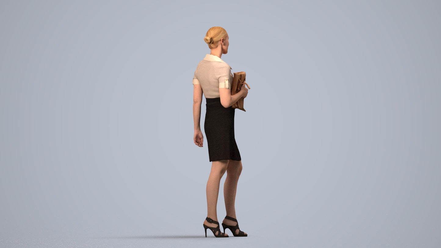 realistic 3D woman business standing, scanned archviz people for Blender and 3ds Max, side view render
