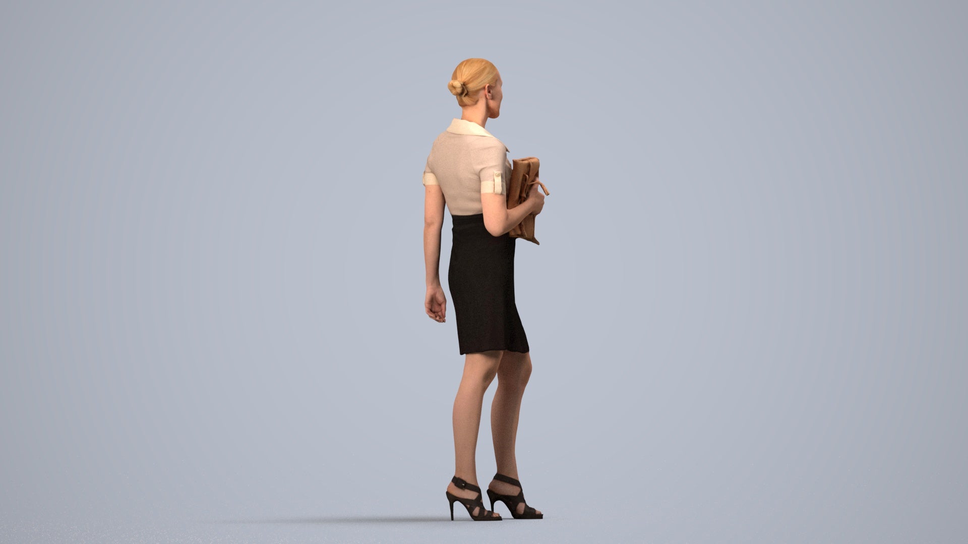 realistic 3D woman business standing, scanned archviz people for Blender and 3ds Max, side view render