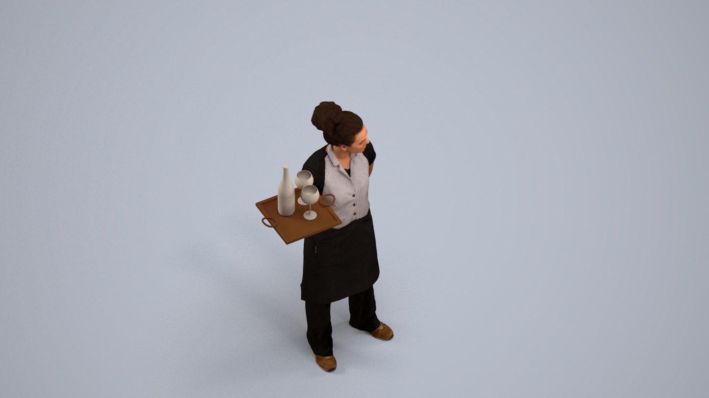 realistic 3D human woman hospitality, archviz people FBX OBJ for Blender, back view render