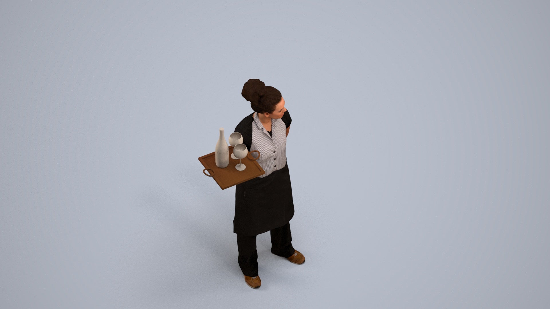 realistic 3D human woman hospitality, archviz people FBX OBJ for Blender, back view render