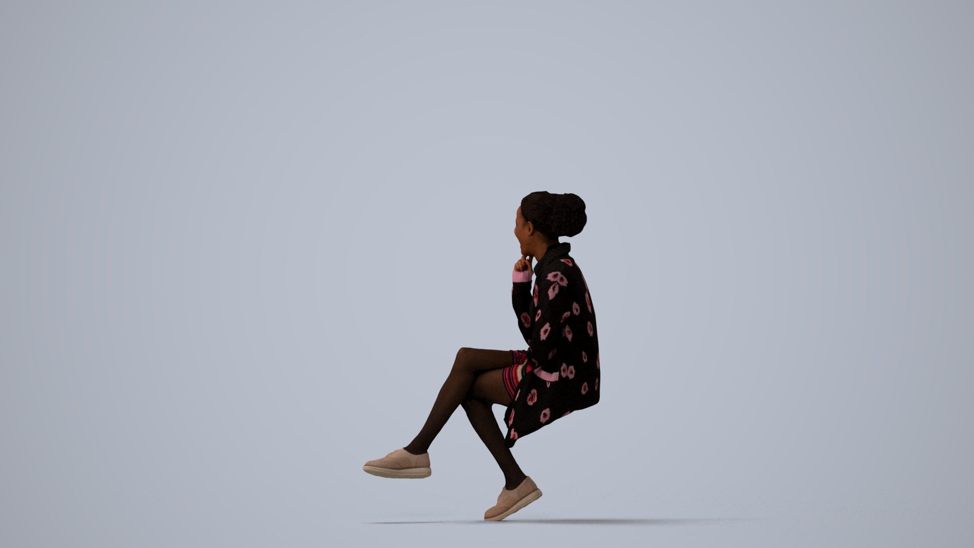 3D human model woman casual sitting, photogrammetry scanned person for archviz, three-quarter view render