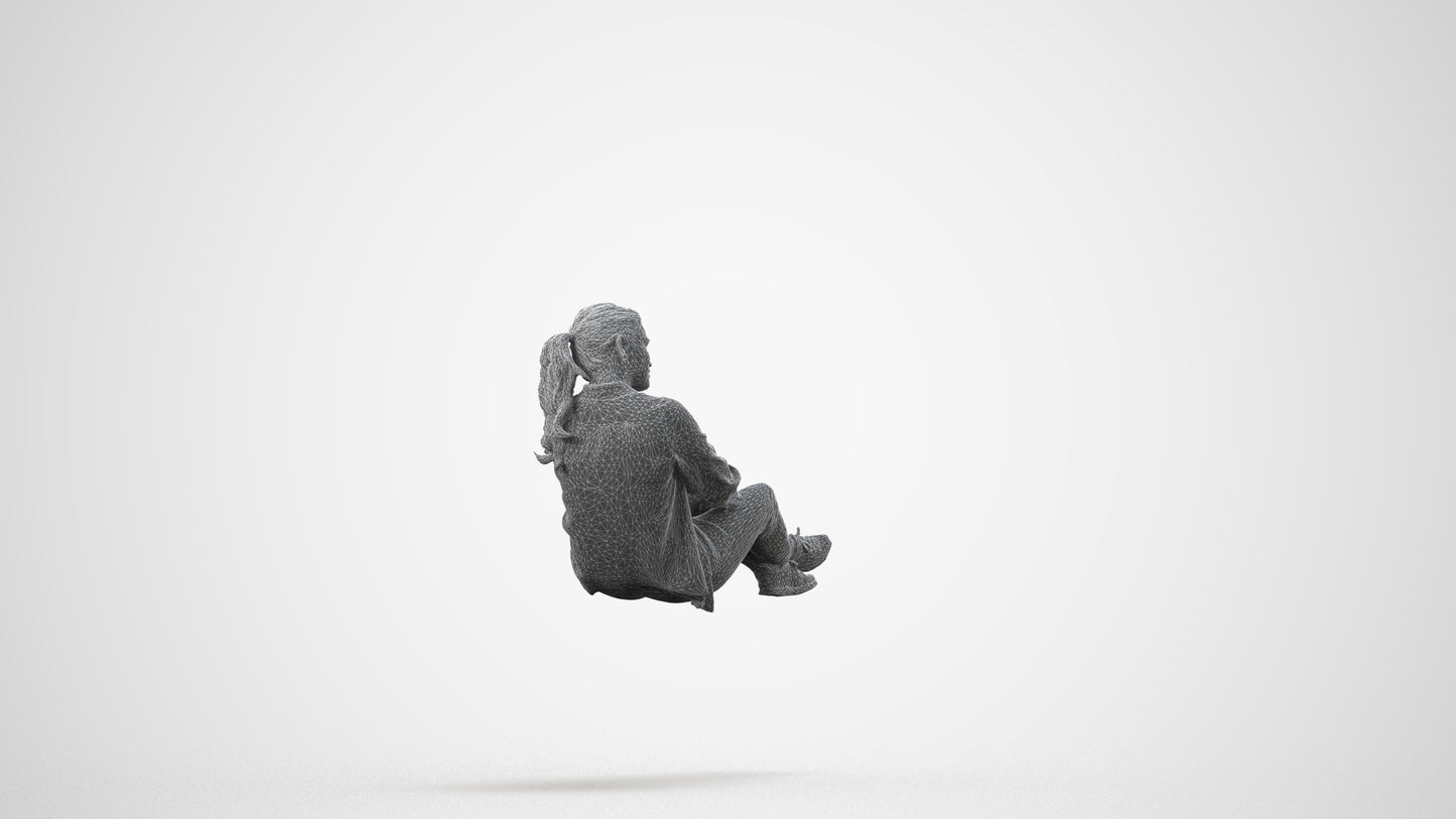 realistic 3D woman casual sitting, scanned archviz people for Blender and 3ds Max, wireframe side view