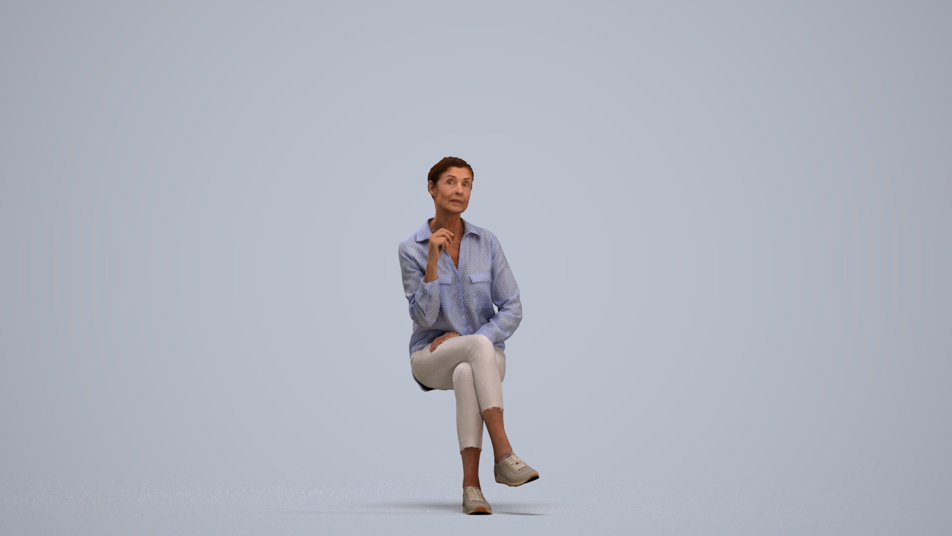 realistic 3D senior woman casual sitting, scanned archviz people for Blender and 3ds Max, standing pose render
