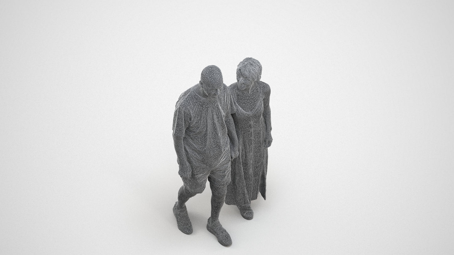 3D scanned senior woman couple casual, photorealistic archviz people for Enscape and SketchUp, wireframe three-quarter view