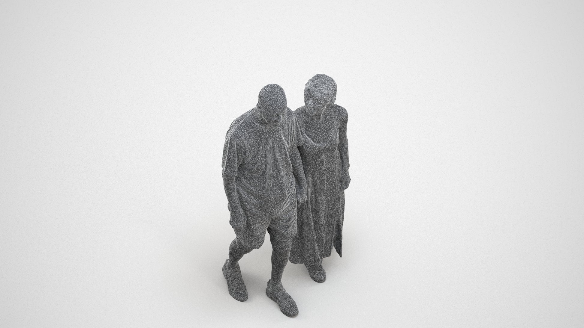 3D scanned senior woman couple casual, photorealistic archviz people for Enscape and SketchUp, wireframe three-quarter view