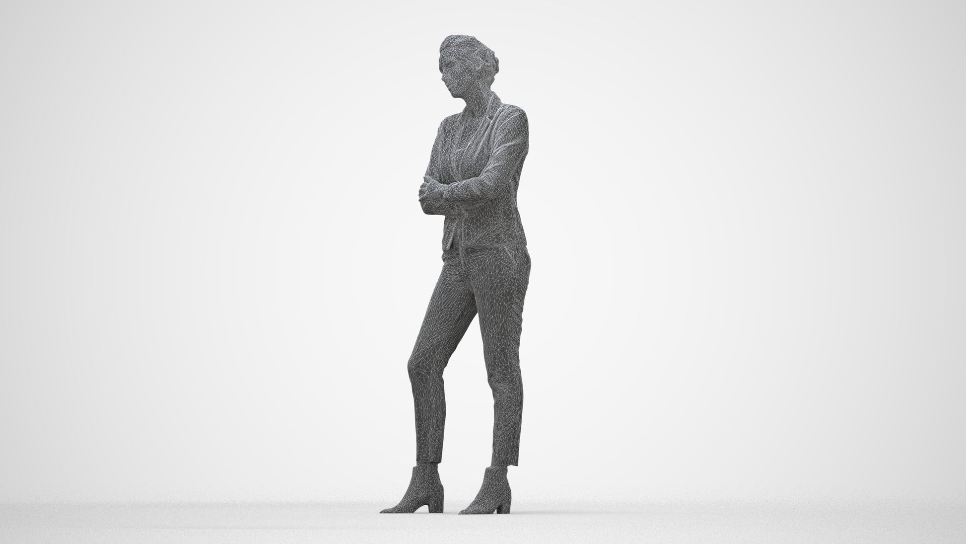 3D human model woman business, photogrammetry scanned person for archviz, wireframe back view