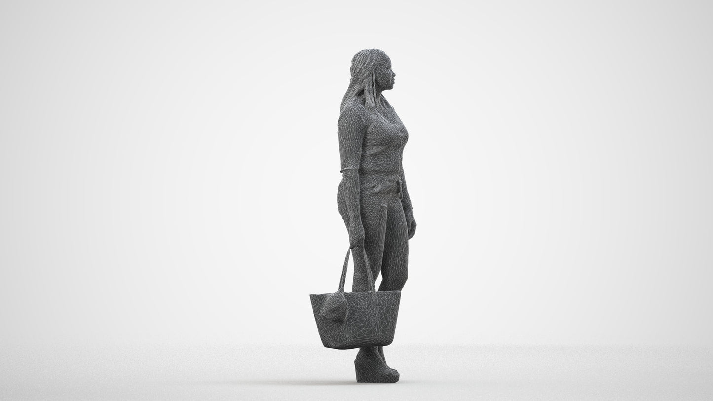 realistic 3D people woman casual standing, render-ready for V-Ray and Corona, FBX OBJ, wireframe side view