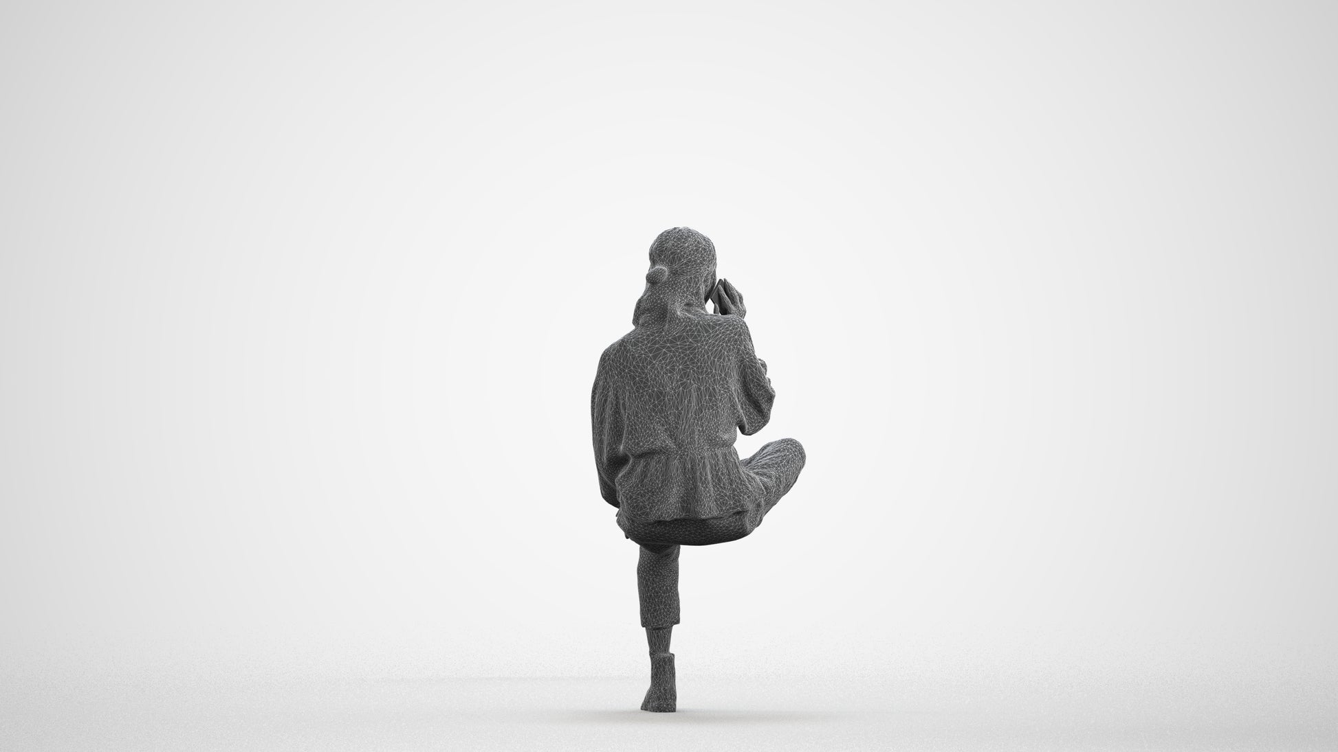 3D people model woman casual sitting, scanned human for 3ds Max rendering, wireframe front view