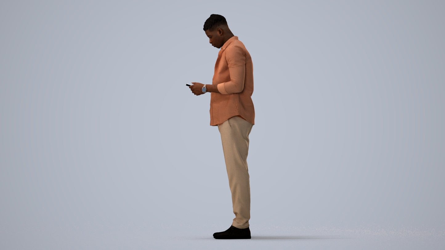 3D human model man casual standing, photogrammetry scanned person for archviz, three-quarter view render