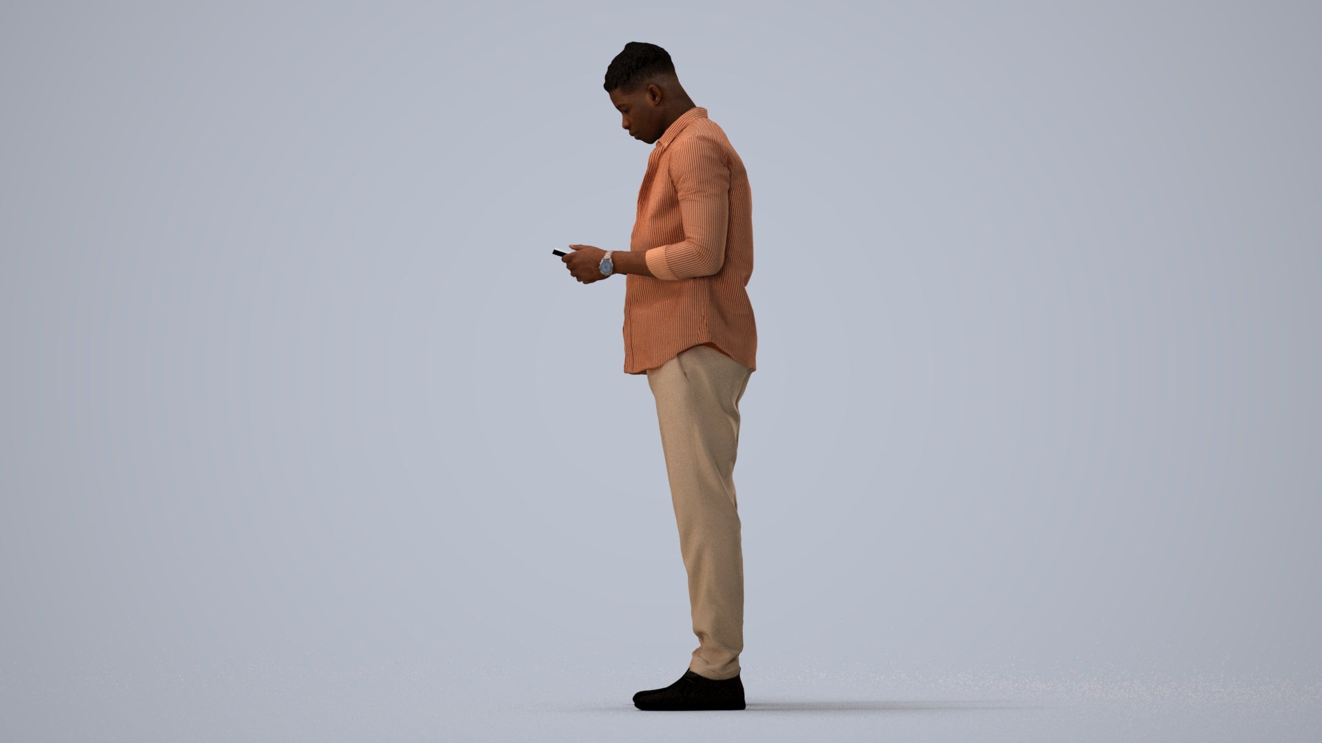 3D human model man casual standing, photogrammetry scanned person for archviz, three-quarter view render