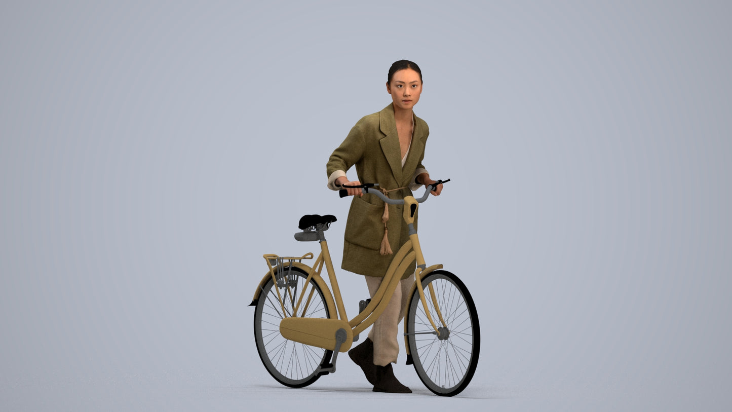 realistic 3D people woman casual cycling, render-ready for V-Ray and Corona, FBX OBJ, standing pose render