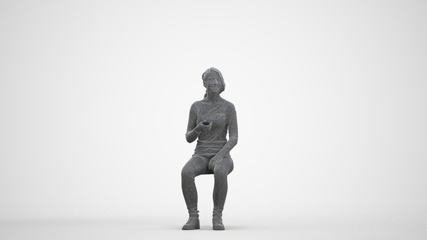 scanned 3D woman casual sitting, photogrammetry people for Enscape and V-Ray, three-quarter front view render