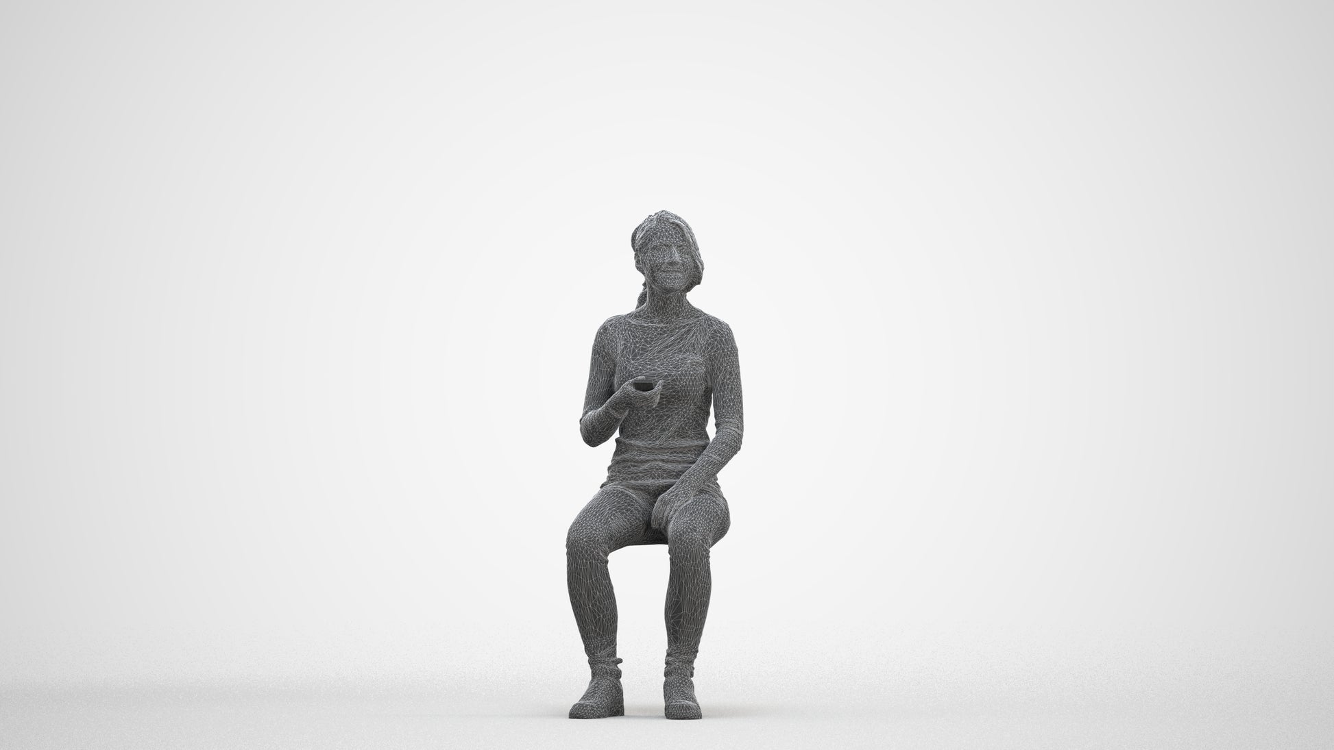 scanned 3D woman casual sitting, photogrammetry people for Enscape and V-Ray, three-quarter front view render