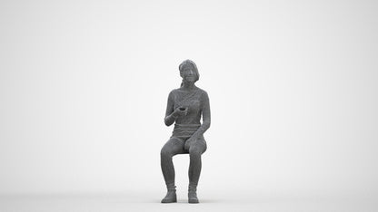 scanned 3D woman casual sitting, photogrammetry people for Enscape and V-Ray, three-quarter front view render
