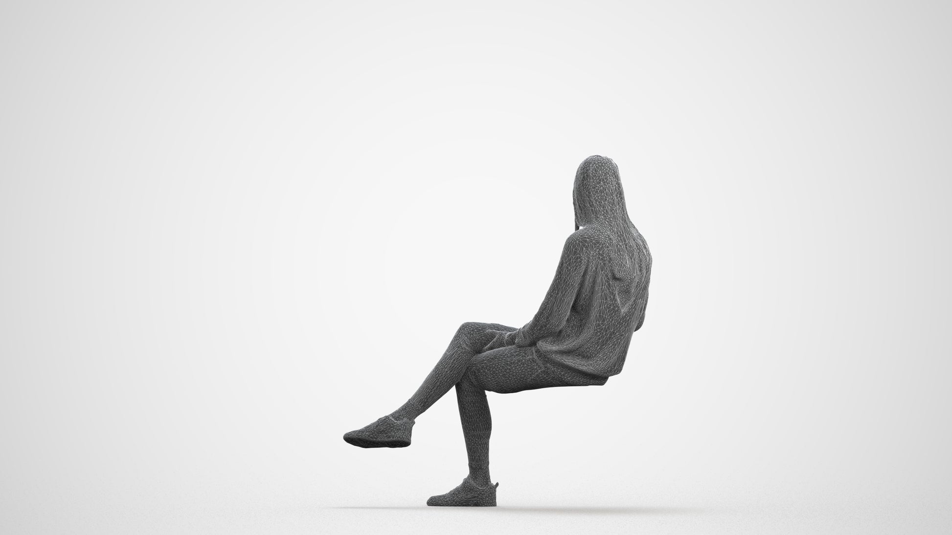 3D scanned woman sitting casual, photorealistic archviz people for Enscape and SketchUp, wireframe front view