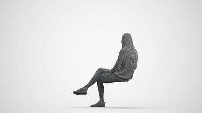 3D scanned woman sitting casual, photorealistic archviz people for Enscape and SketchUp, wireframe front view