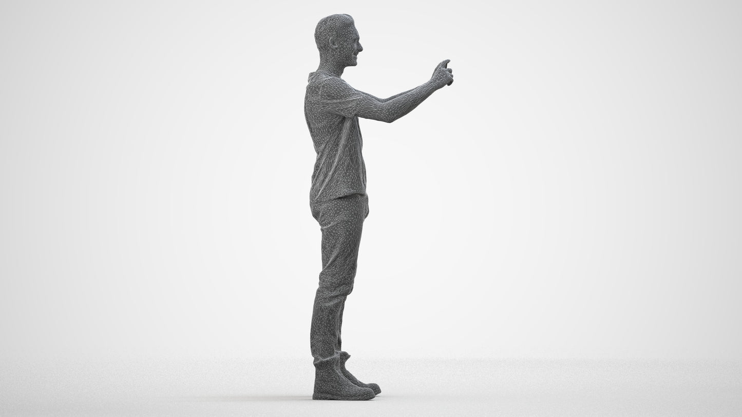 3D scanned man standing casual, photorealistic archviz people for Enscape and SketchUp, wireframe side view