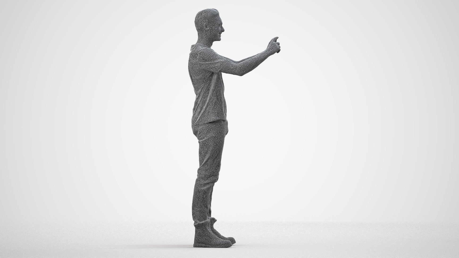 3D scanned man standing casual, photorealistic archviz people for Enscape and SketchUp, wireframe side view