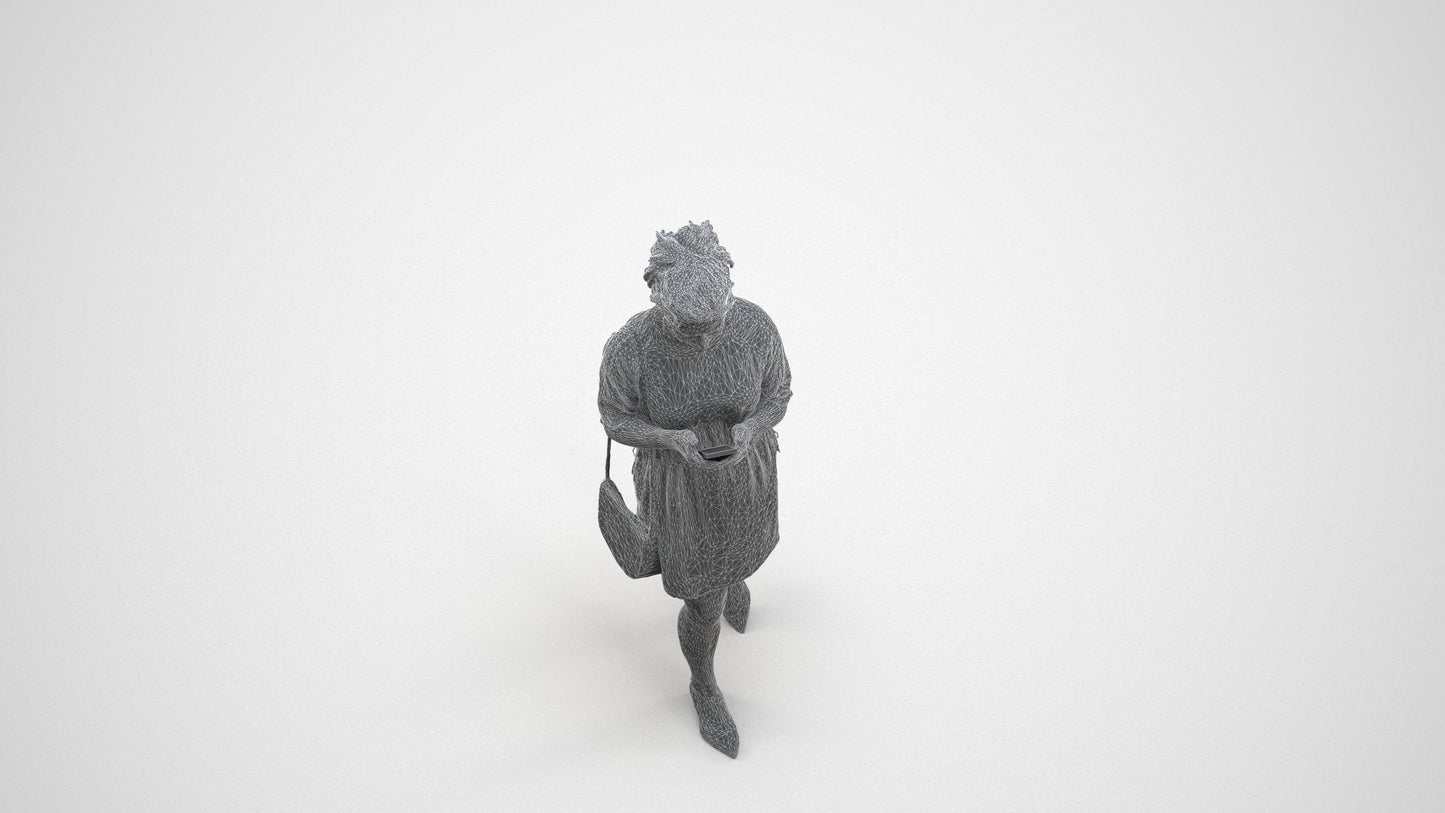 realistic 3D human woman casual walking, archviz people FBX OBJ for Blender, wireframe three-quarter view