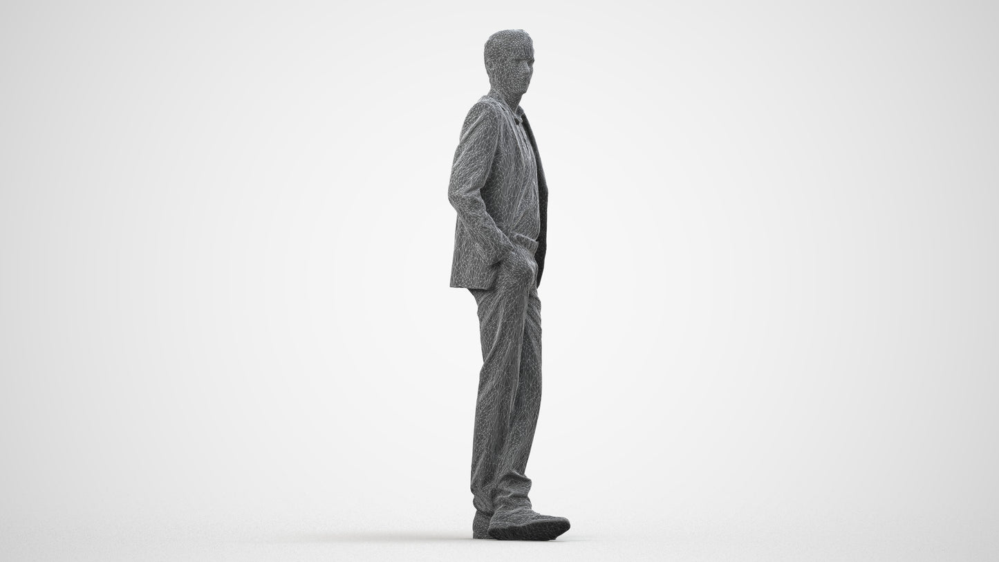 3D scanned man business, photorealistic archviz people for Enscape and SketchUp, wireframe side view