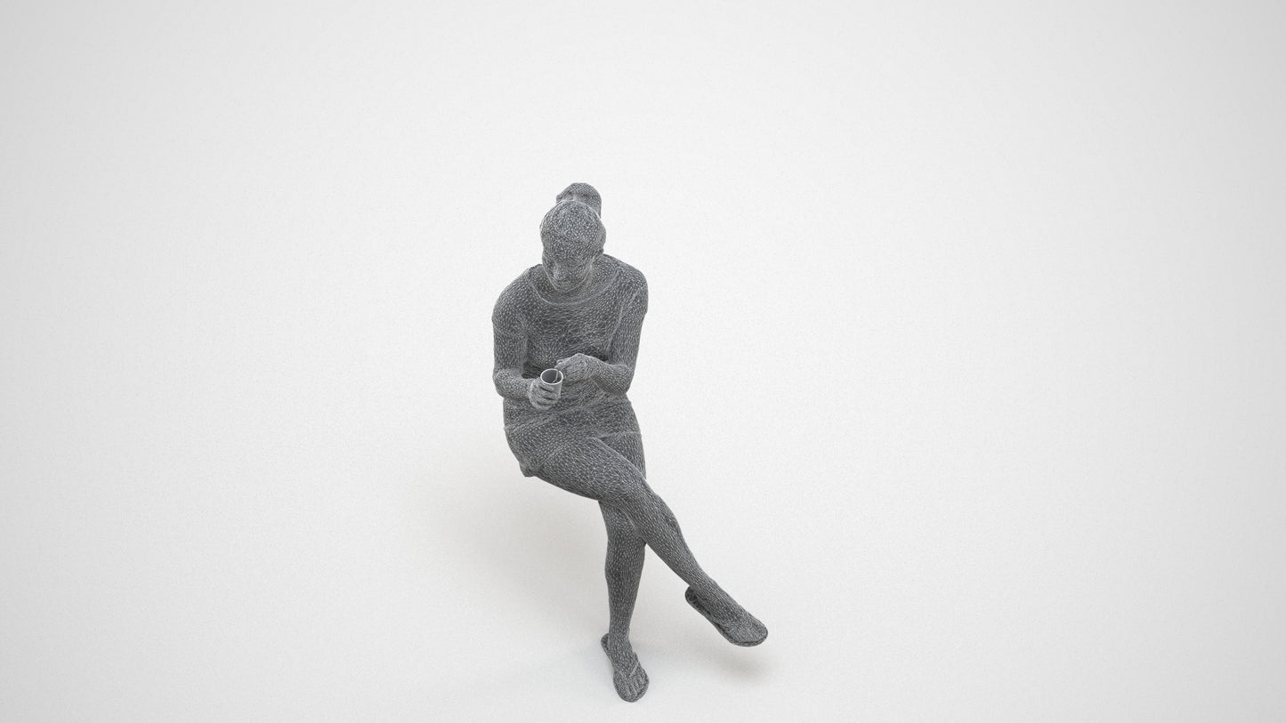realistic 3D woman casual sitting, scanned archviz people for Blender and 3ds Max, wireframe three-quarter view