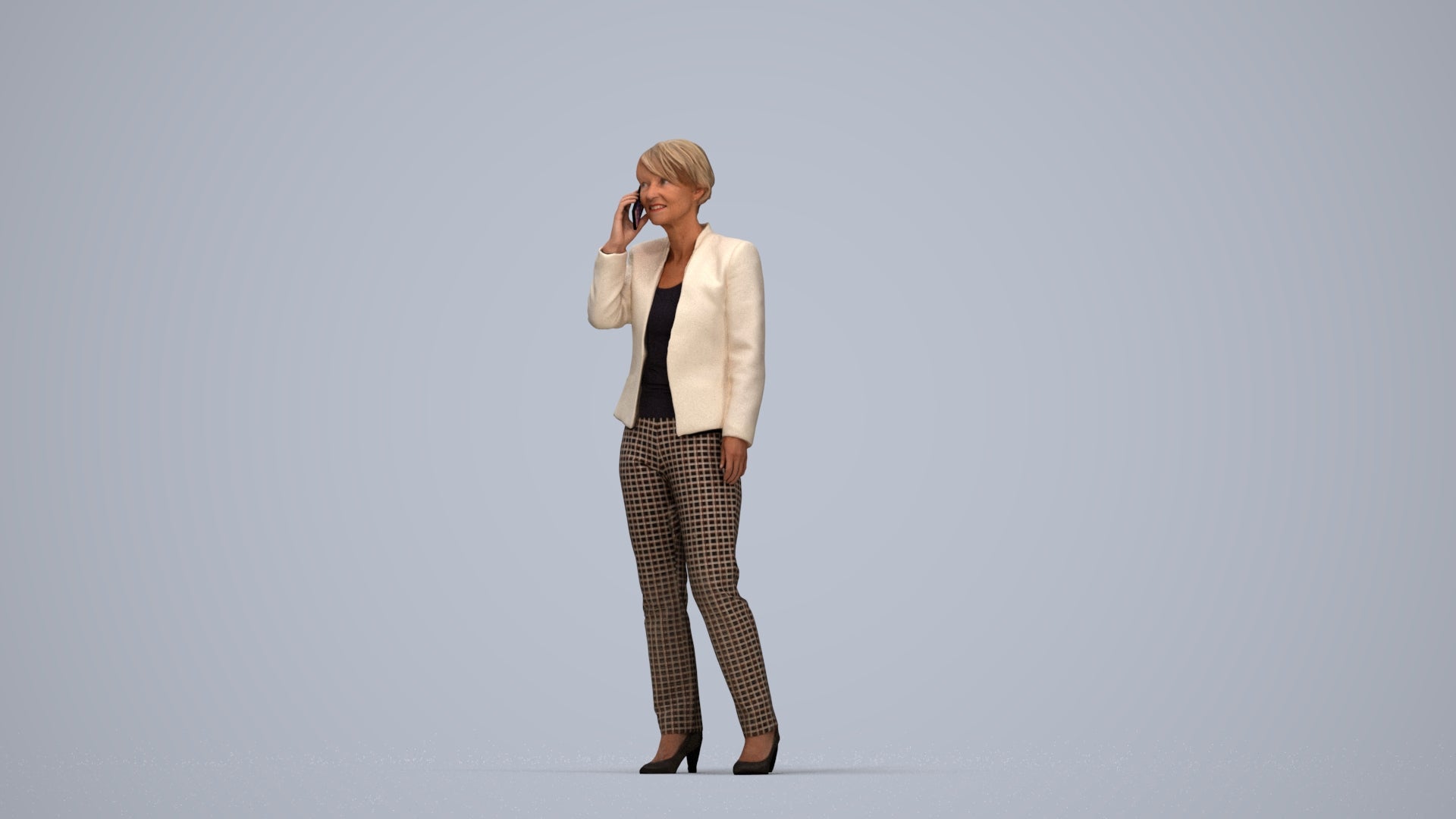 realistic 3D senior woman business standing, scanned archviz people for Blender and 3ds Max, top-down view render