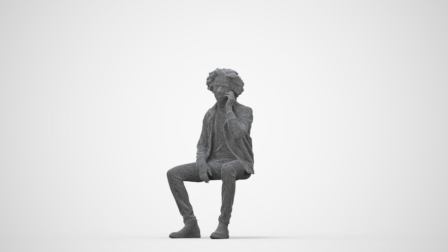 3D people model man casual sitting, scanned human for 3ds Max rendering, wireframe back view