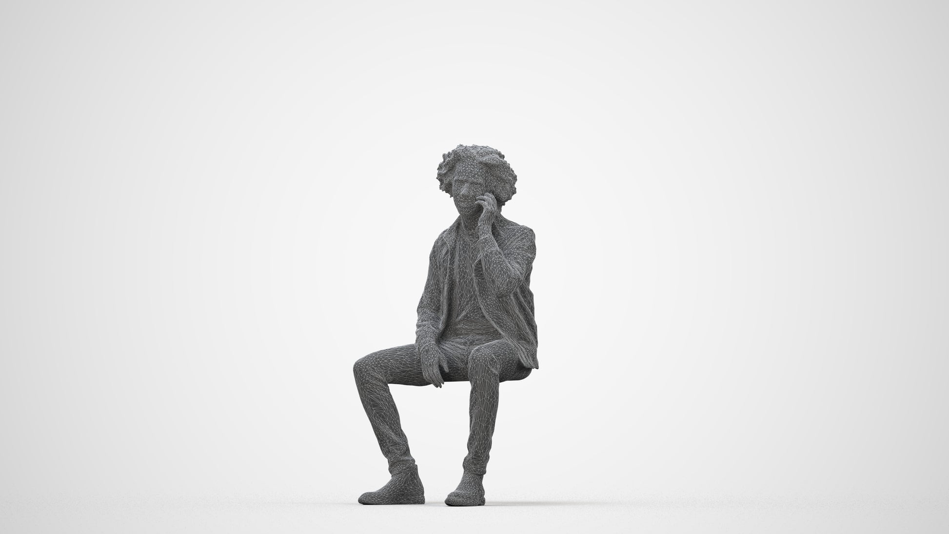 3D people model man casual sitting, scanned human for 3ds Max rendering, wireframe back view