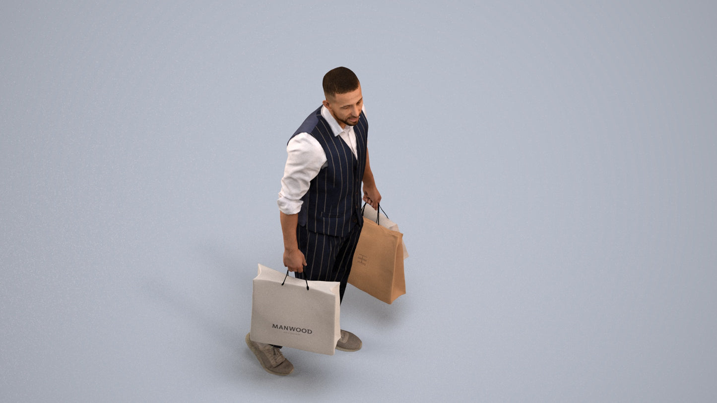 3D human model man casual shopping, photogrammetry scanned person for archviz, back view render
