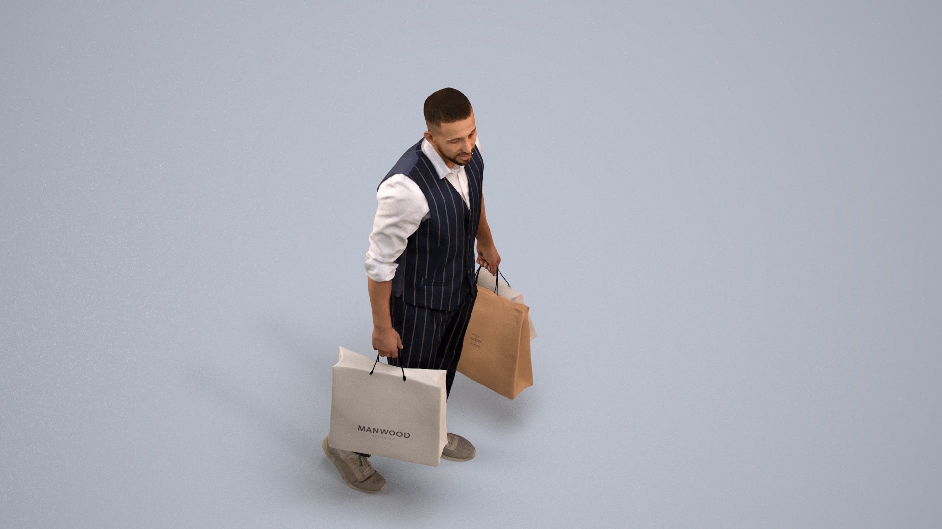 3D human model man casual shopping, photogrammetry scanned person for archviz, back view render
