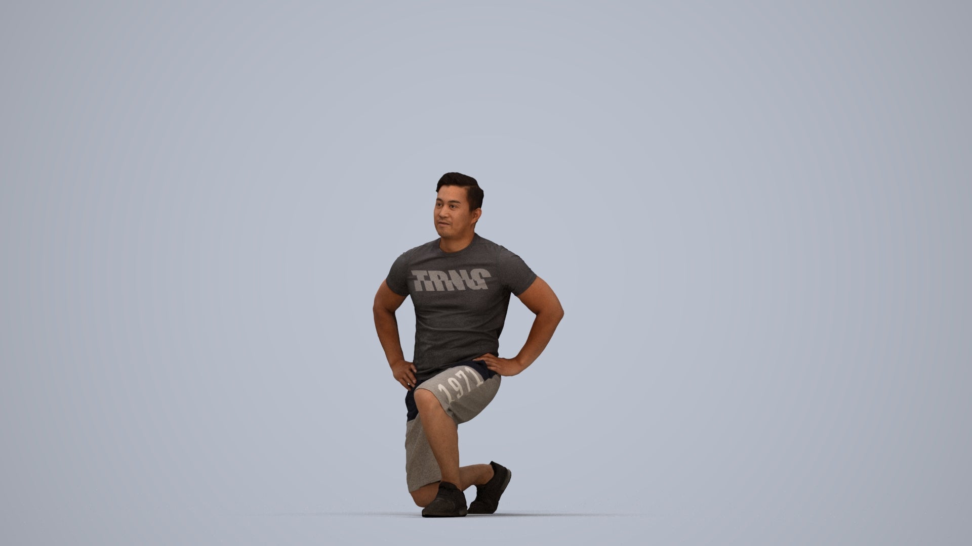 3D human model man sport, photogrammetry scanned person for archviz, top-down view render