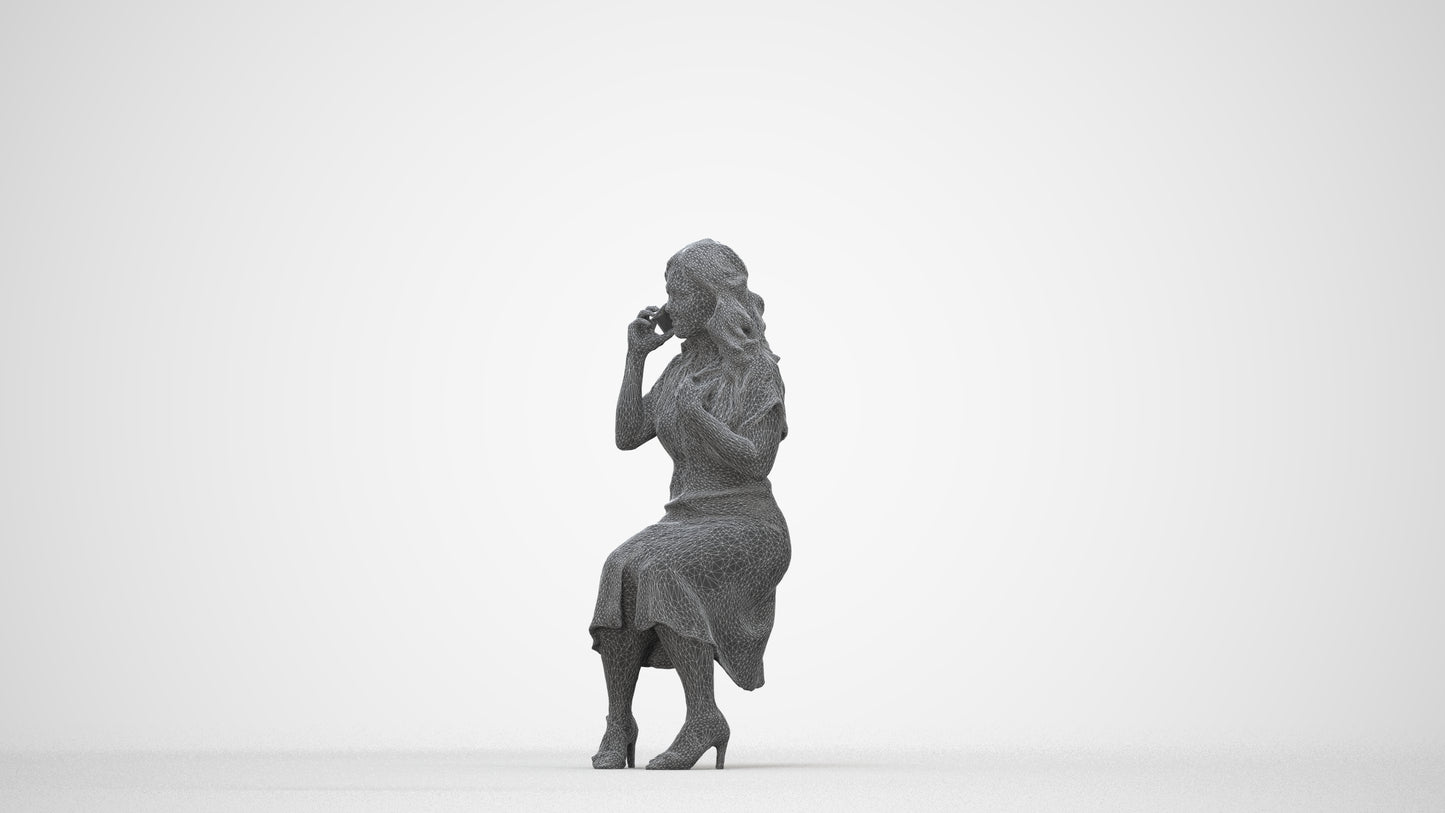 realistic 3D human woman casual sitting, archviz people FBX OBJ for Blender, wireframe back view