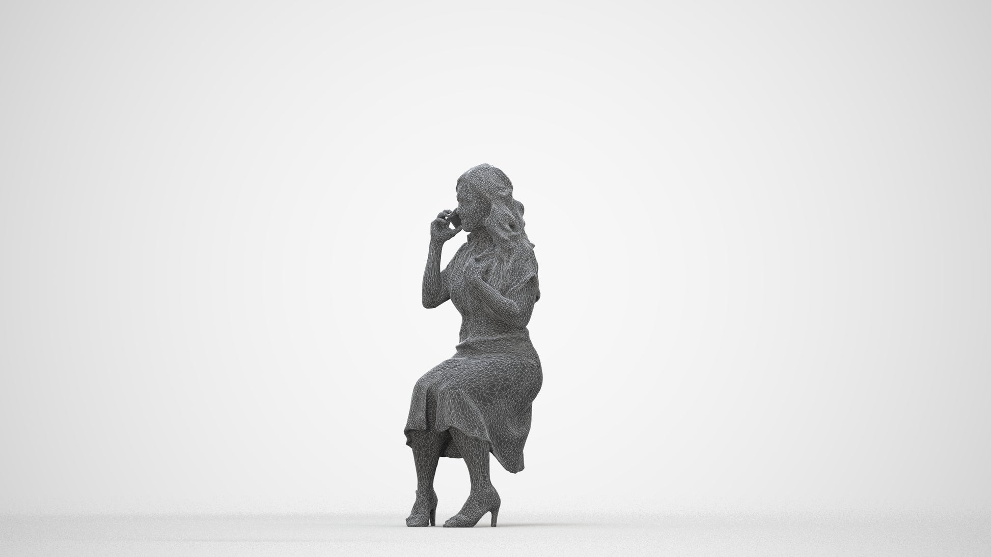 realistic 3D human woman casual sitting, archviz people FBX OBJ for Blender, wireframe back view