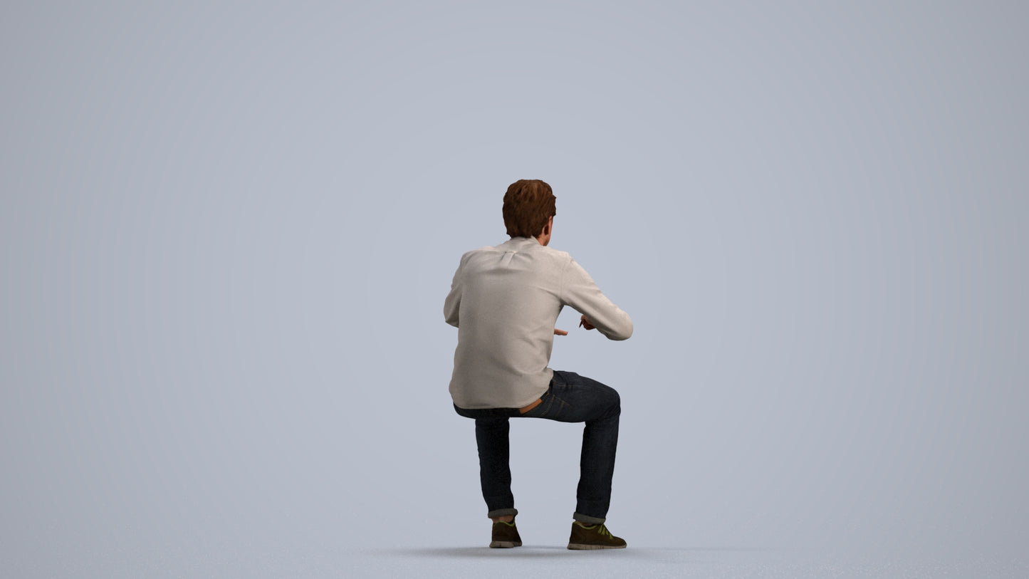 3D people model man casual sitting, scanned human for 3ds Max rendering, front view render