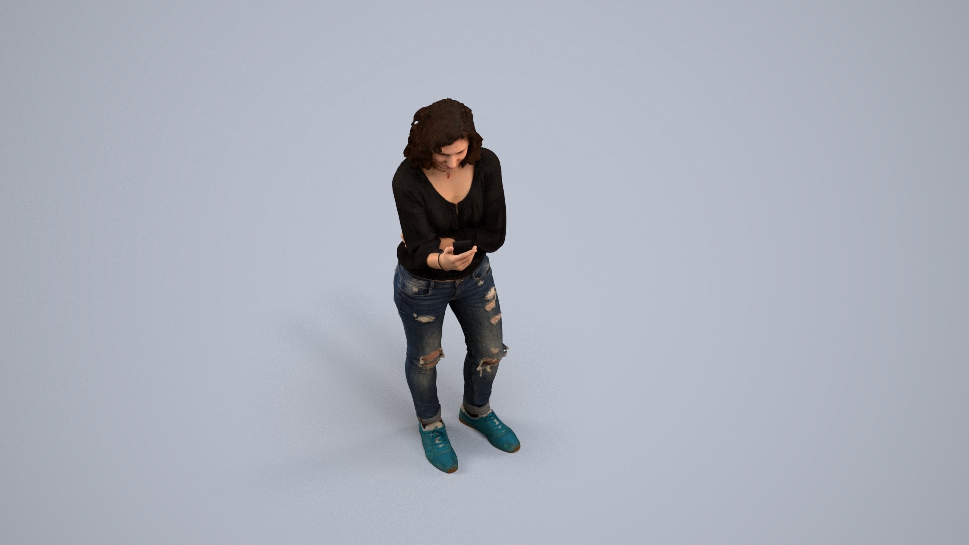 3D human model woman casual standing, photogrammetry scanned person for archviz, back view render