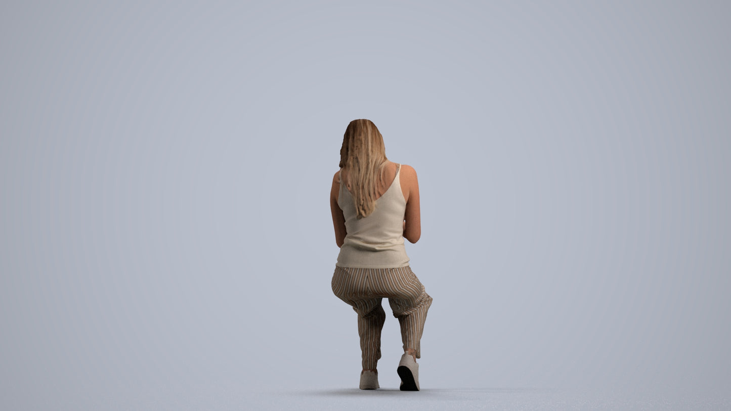 3D human model woman casual sitting, photogrammetry scanned person for archviz, front view render