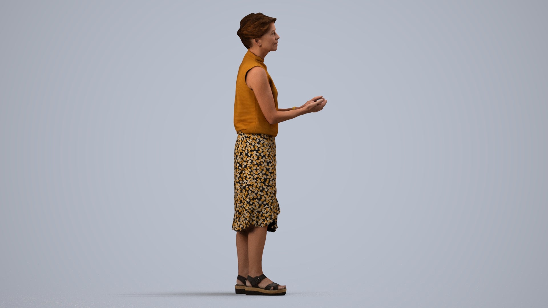 realistic 3D human woman casual standing, archviz people FBX OBJ for Blender, side view render
