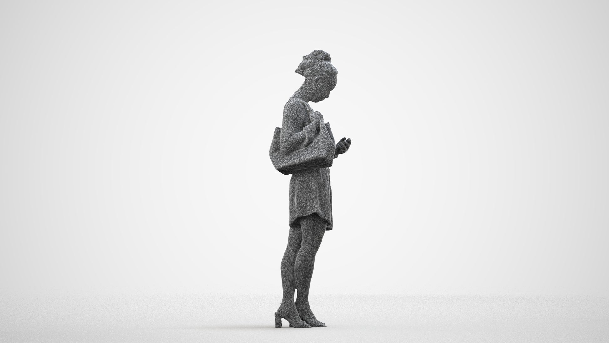 scanned 3D woman casual standing, photogrammetry people for Enscape and V-Ray, wireframe side view