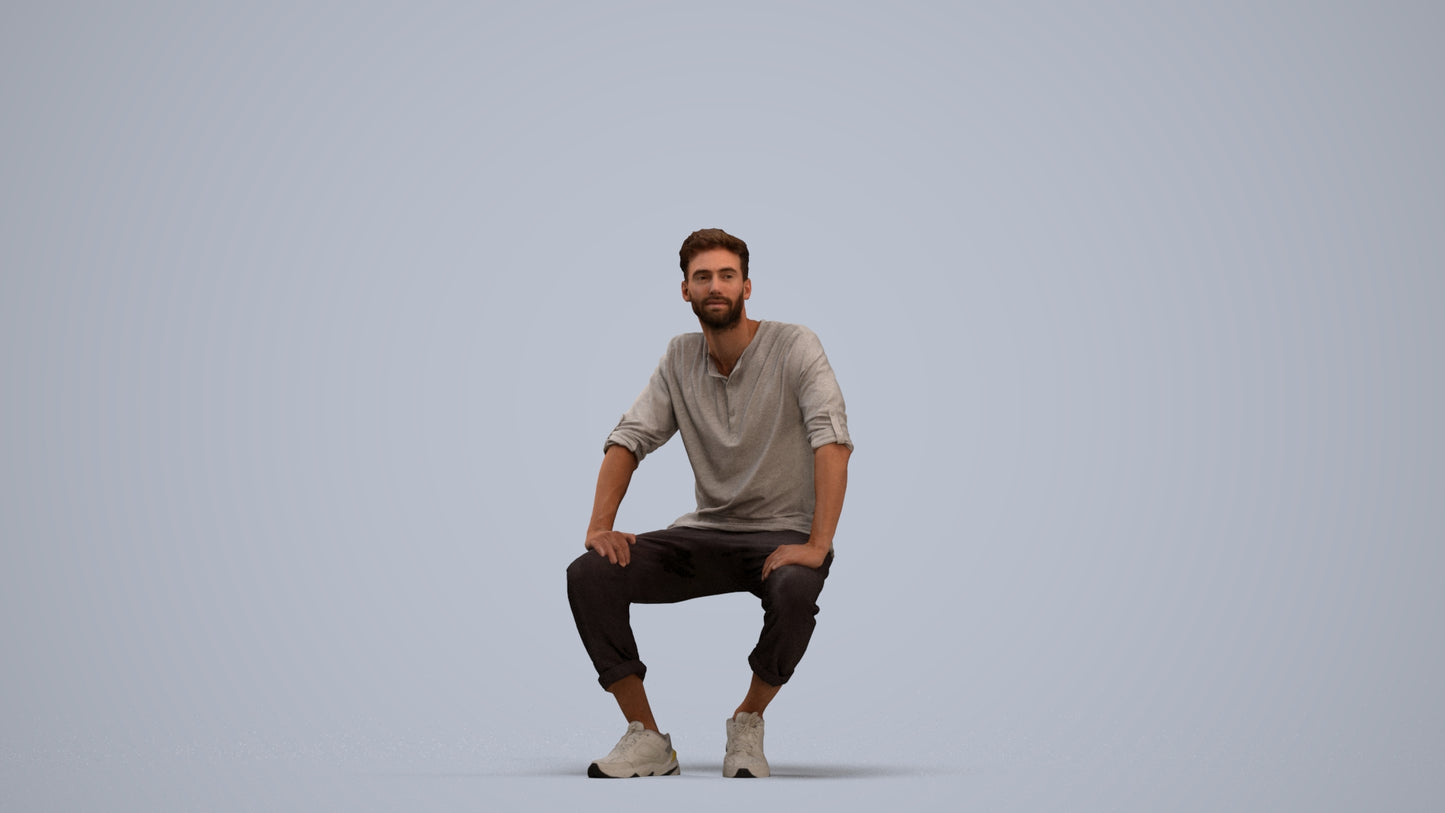 3D human model man casual sitting, photogrammetry scanned person for archviz, standing pose render