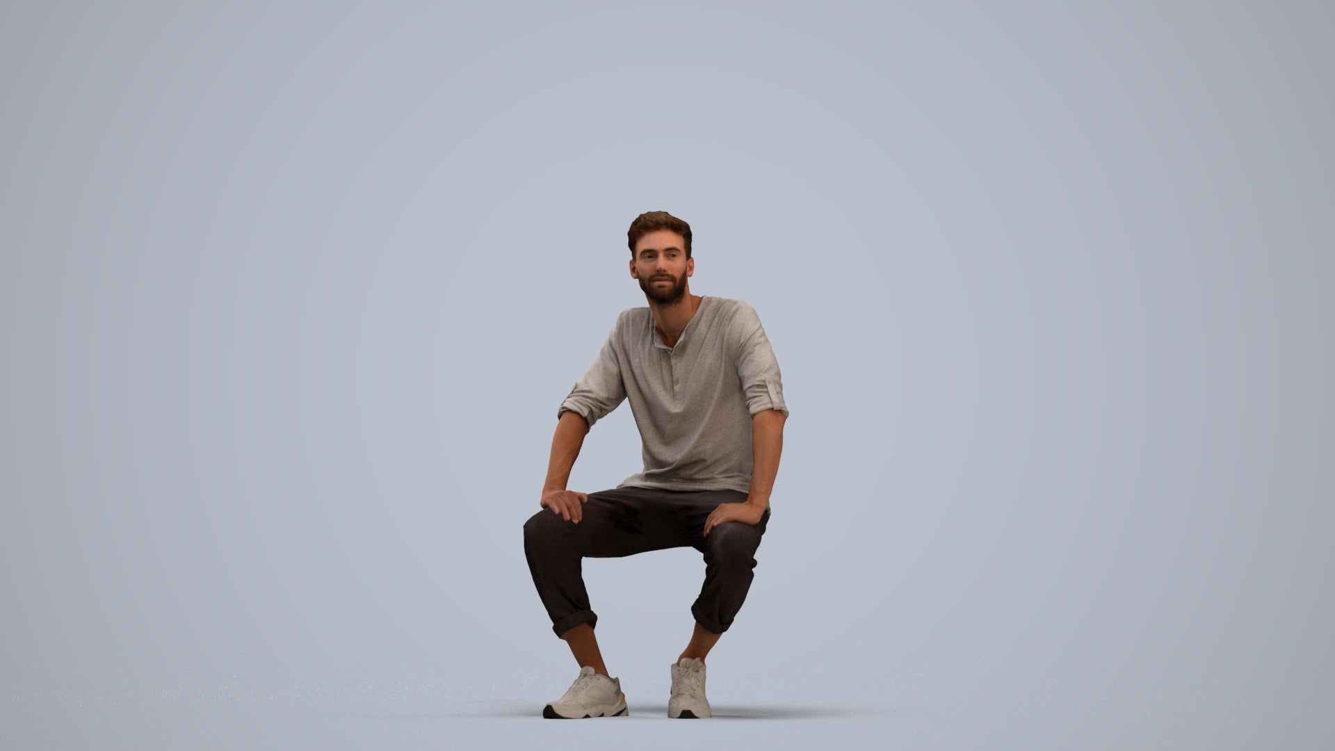 3D human model man casual sitting, photogrammetry scanned person for archviz, standing pose render