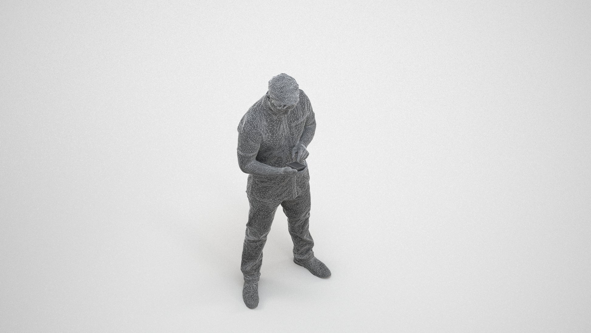 3D people model man casual standing, scanned human for 3ds Max rendering, wireframe three-quarter view
