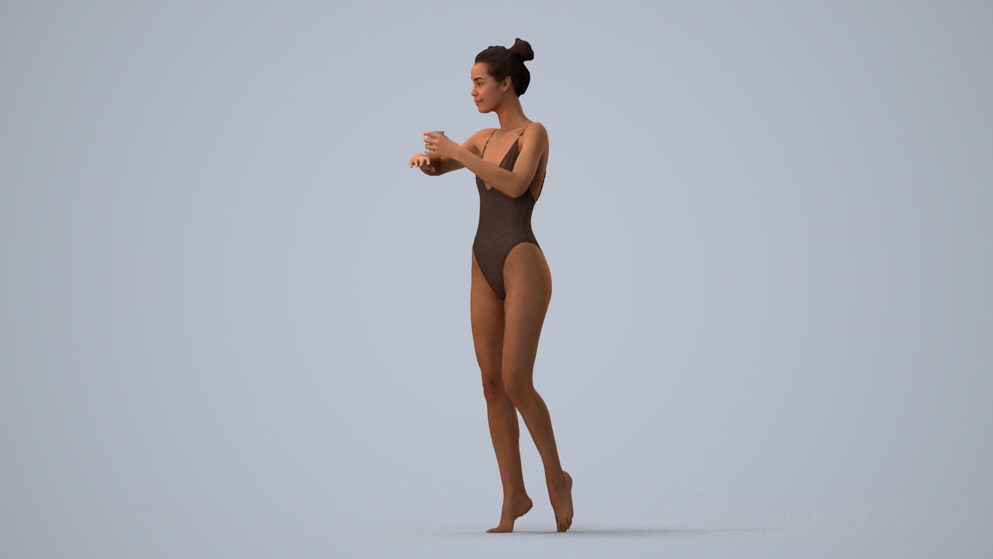 3D people model woman pool, scanned human for 3ds Max rendering, three-quarter view render