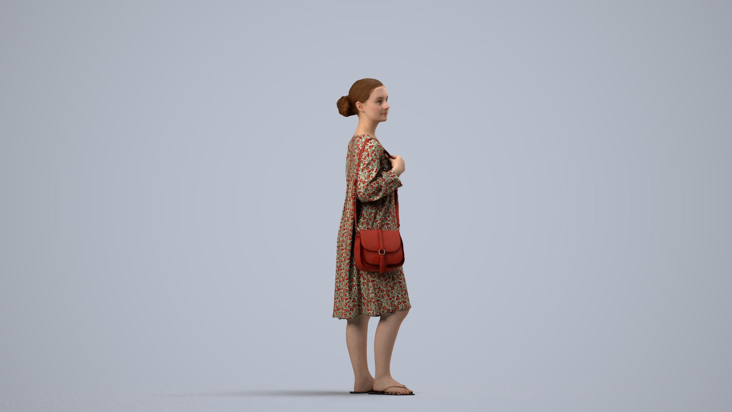 3D human model girl casual kids, photogrammetry scanned person for archviz, side view render