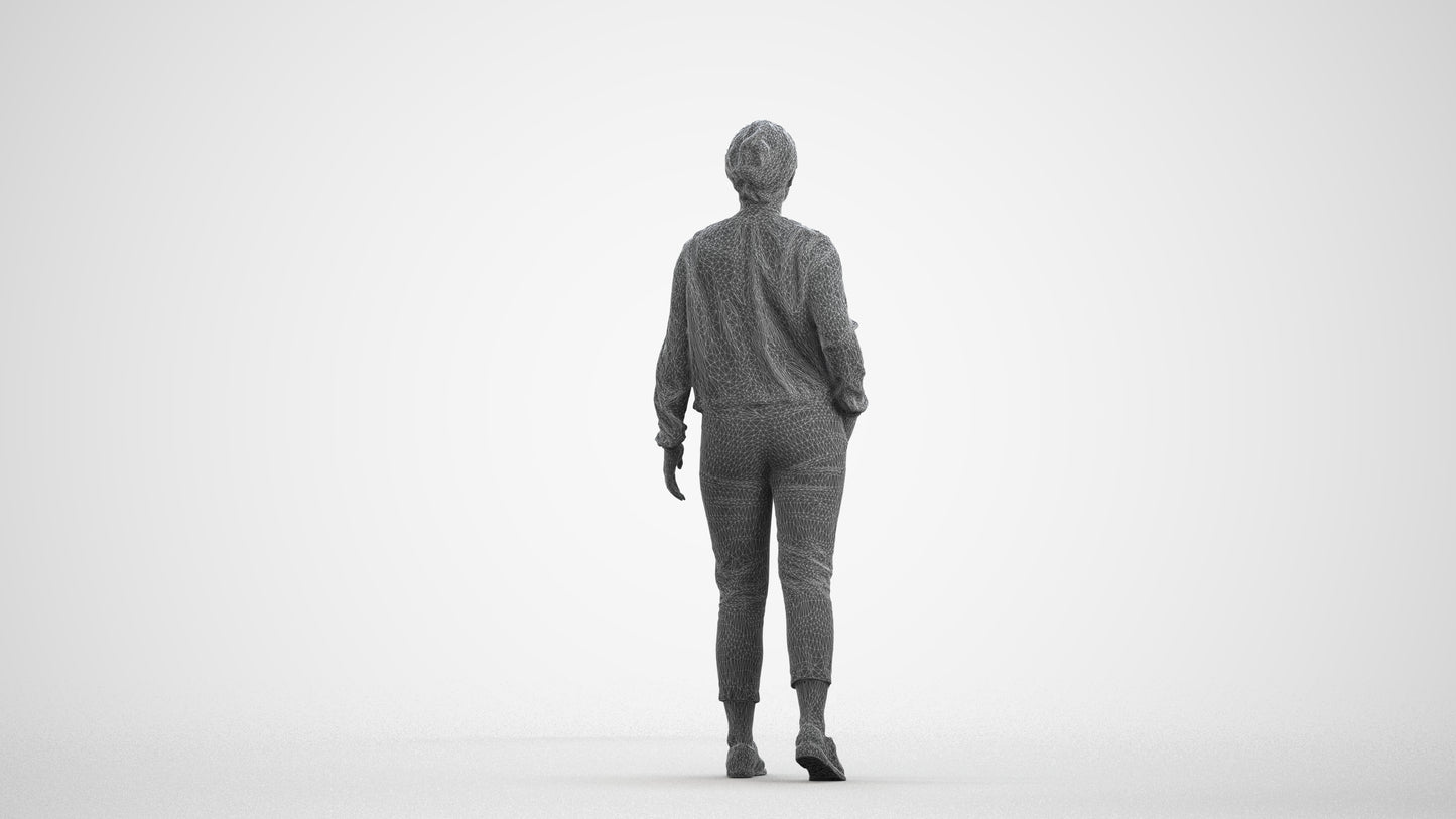 3D human model woman casual walking, photogrammetry scanned person for archviz, wireframe front view